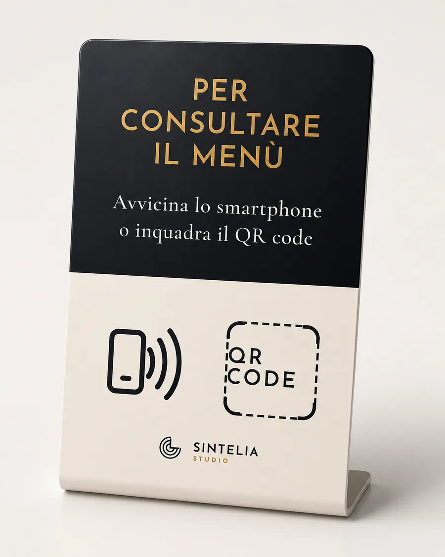 Espositore da tavolo acquistato dal cliente per consultare il menù con NFC o QR code
